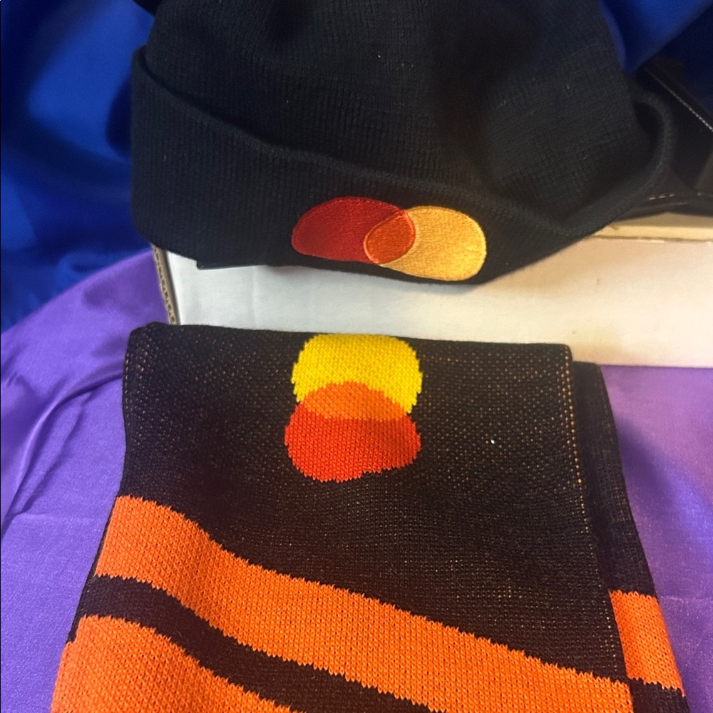 Black Beanie and Scarf Set with Orange Accents